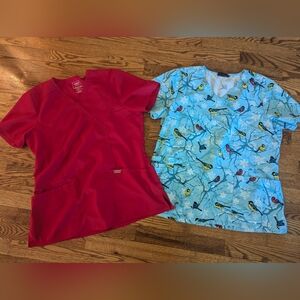 Cherokee womens scrub tops size medium lot of 2 winter bird red Valentine